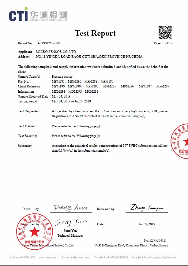 Micro Sensor Pressure Sensors REACH approved