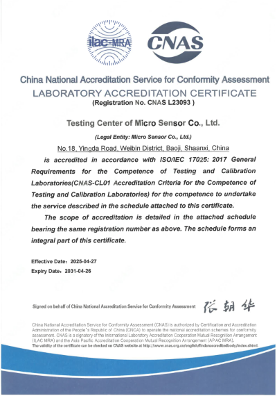 MICROSENSOR CNAS CERTIFICATE